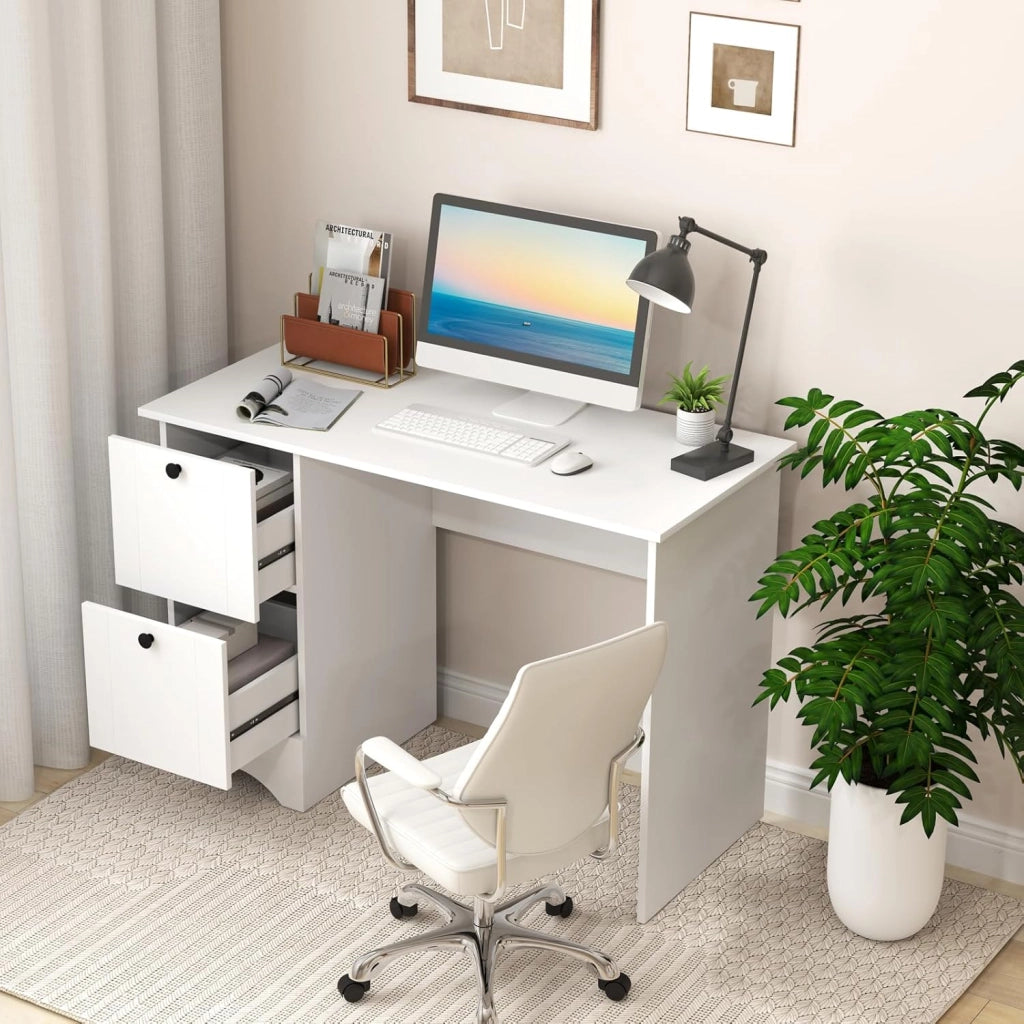 Scrivania per Computer con 2 Cassetti a Maniglia, Scrivania PC Salvaspazio Multifunzionale, Scrivania Gaming per Ufficio, Soggiorno, Camera da Letto e Studio, 109 x 50 x 75 cm (Bianco)