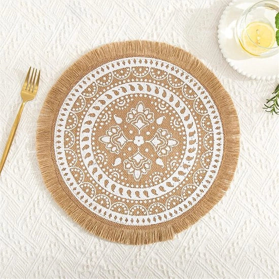 Set di 4 piatti rotondi per tavola, placemats Mandala Boho con pennello, placemats in juta rustica per sala da pranzo, cucina, decorazione da tavola (4 pezzi, A)