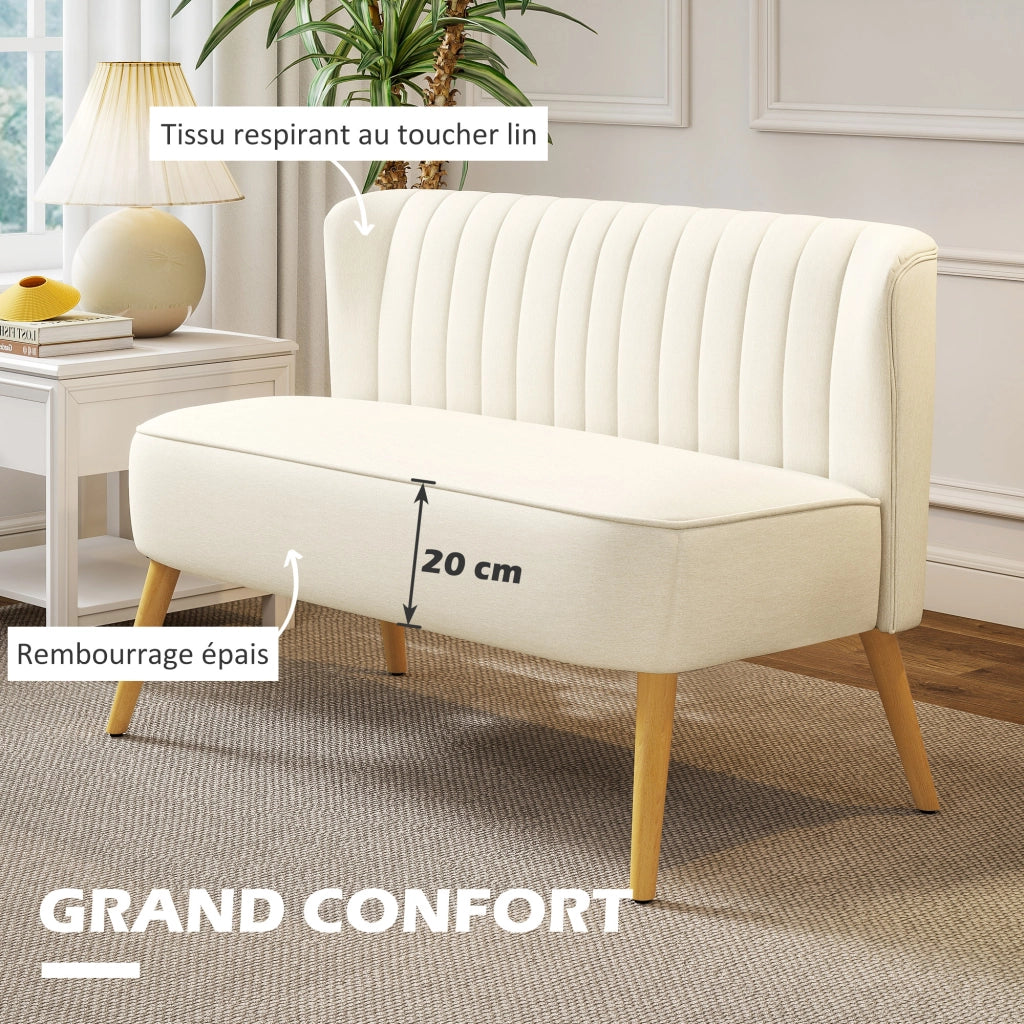 Divano 2 posti in tessuto effetto lino ¨C Xylo ¨C crema, gambe in legno, 117x56,5x77cm
