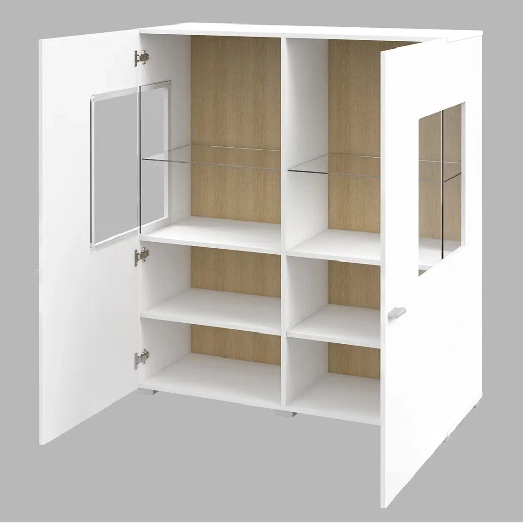 Credenza alta collezione KOBEE con 2 porte in vetro e LED integrato. Colore bianco e rovere.