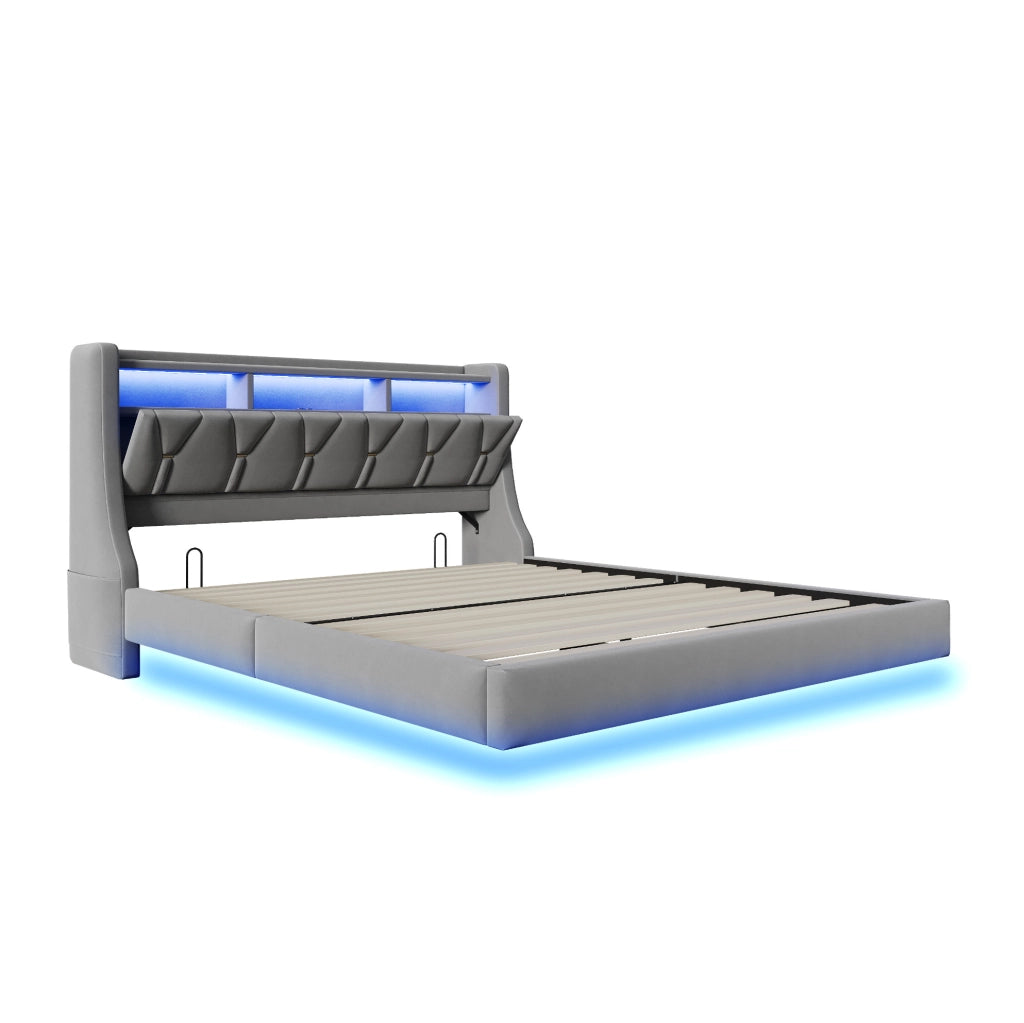 Letto imbottito 180x200 cm con testiera ribaltabile; LED; USB e Type-C; velluto grigio