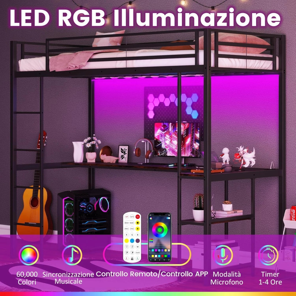 Letto a Soppalco 90 x 200 cm con Scrivania Sotto, Letto a Castello con Luce LED e Stazione di Ricarica, Letto Rialzato Struttura in Ferro con 2 Ripiani per Ragazzi e Ragazze (Nero)