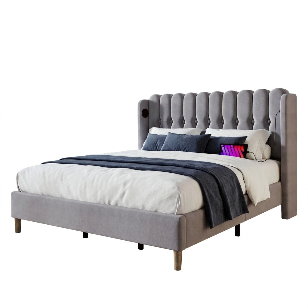 Letto matrimoniale imbottito 180x200 cm in lino grigio con USB e USB-C