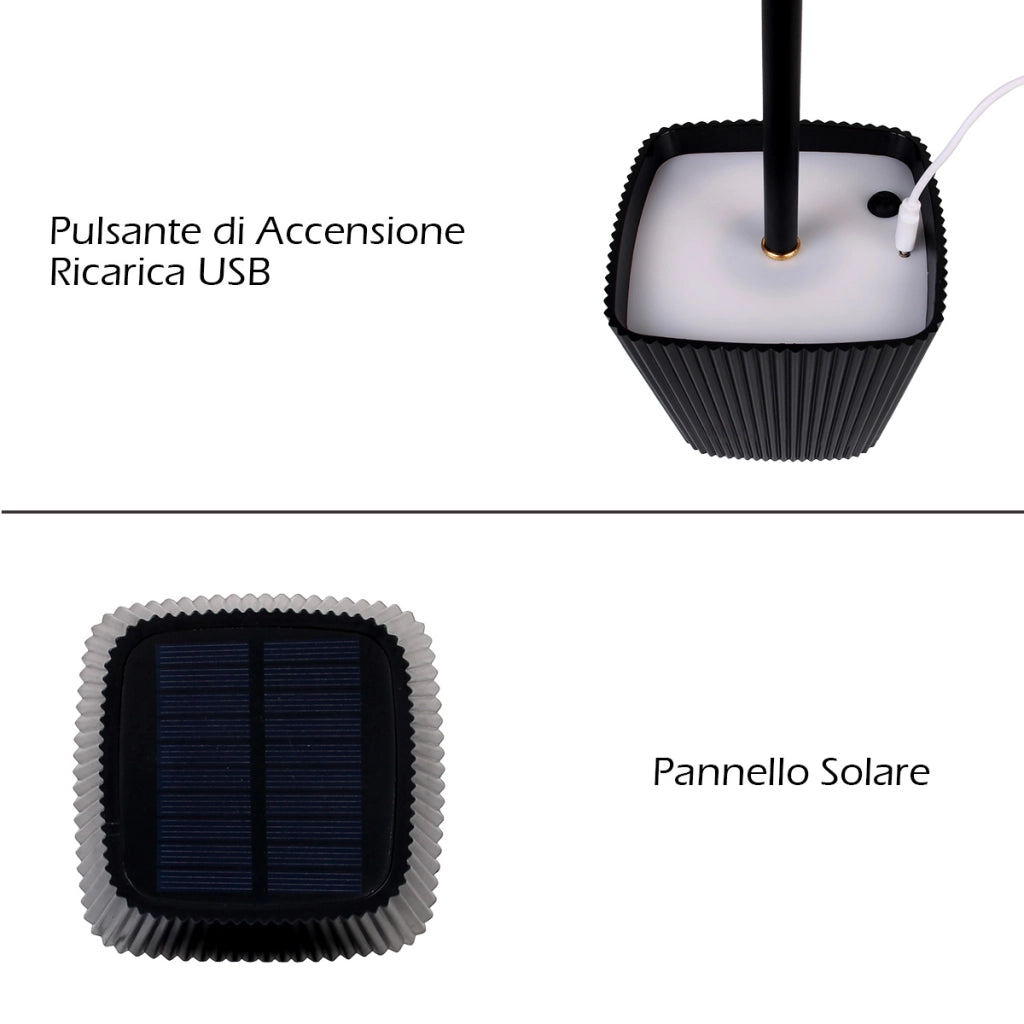LAMAPADA LED DA TAVOLO NERA RICARICABILE CON PARALUME QUADRATO PLISSETTATO - LUCE DIMMERABILE A 3 TEMPERATURE COLORE SENSORE CREPUSCOLARE RICARICA SOLARE