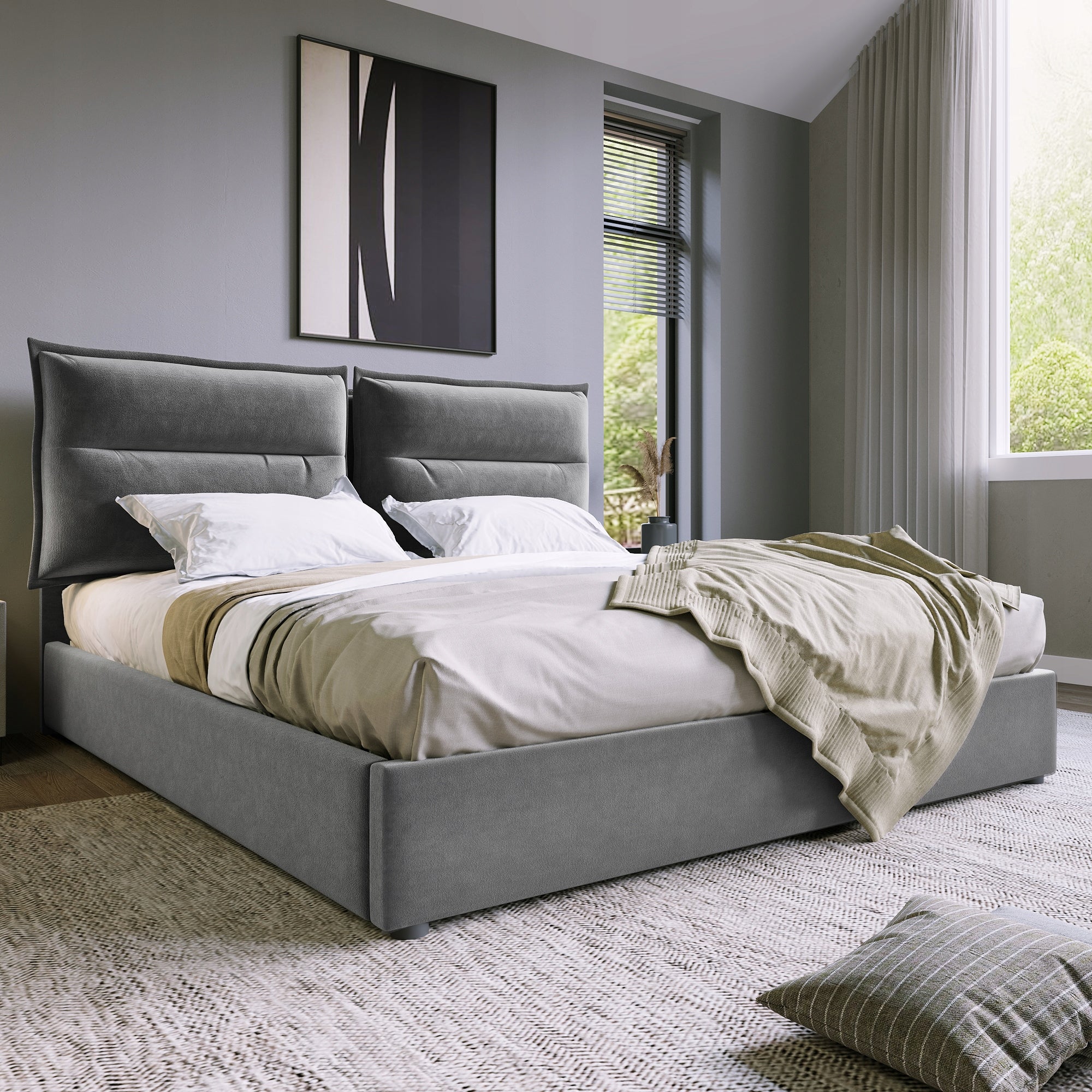 Letto imbottito 140x200 - Xylo - Grigio, regolabile idraulicamente