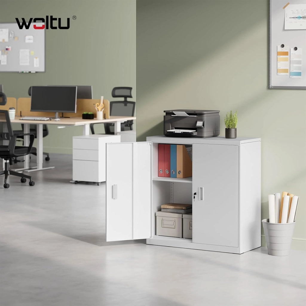 Armadio per Archiviazione con Serratura e Ripiano Regolabile in Altezza, Armadio Multiuso per Ufficio in Metallo, Bianco, L90xH92xP40 cm