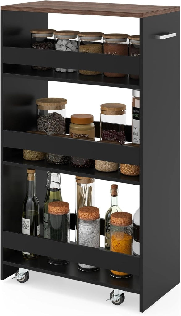 Carrello per Nicchia con Ruote, 4 Livelli，Carrello di Servizio Stretto Salvaspazio, da Bagno, Scaffale da Cucina Sottile 47,5 x 13 x 80,5 cm (Marrone+Nero, Largo 25cm)