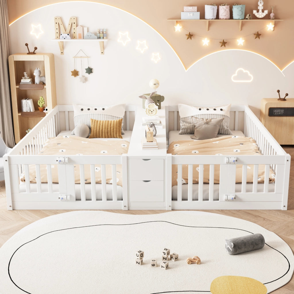 Letto multifunzione per bambini 90x200 cm con 2 posti, cassetti e scaffale