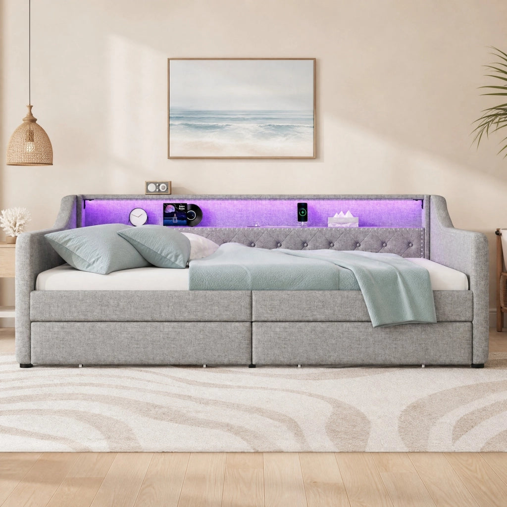 LETTO Giorno 90x200 cm in lino e MDF grigio con LED, USB e 2 cassetti