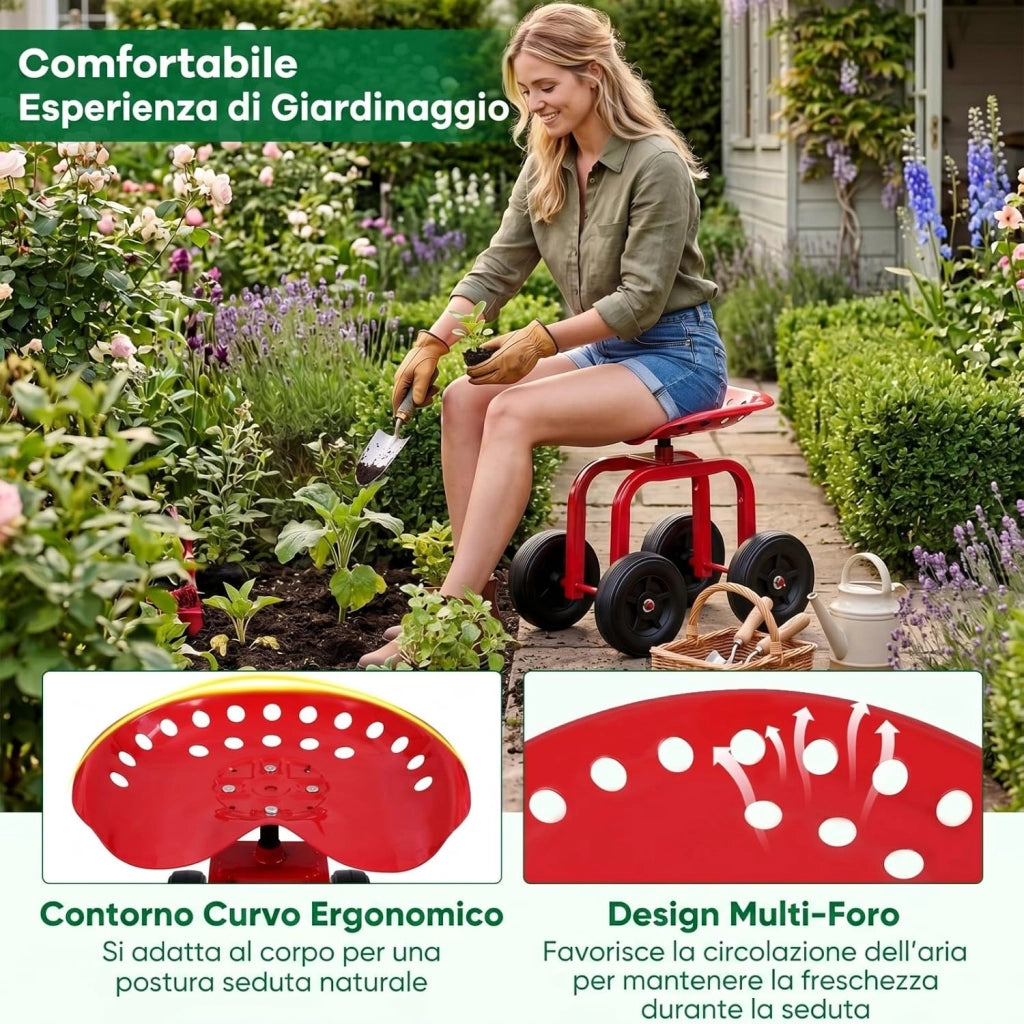 Sgabello con Ruote per Giardinaggio, Sedile con Ruote Regolabile in Altezza e Portatile, Seggiolino da Giardino, Prato e Cortile, Portata 150kg (Rosso)