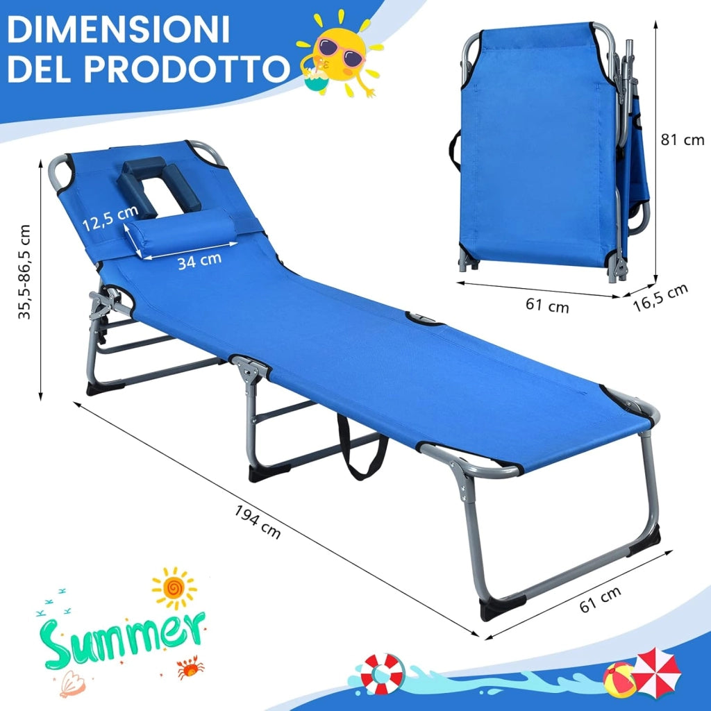 Lettino Prendisole Pieghevole, Sedia a Sdraio da Giardino con Foro per il Viso e Cuscini, Schienale Reclinabile, per Spiaggia Patio Piscina (Blu)