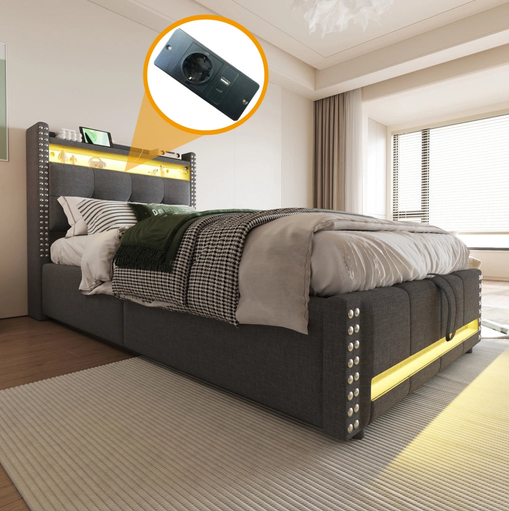 Letto imbottito ULEVR 90x200 cm con contenitore idraulico, LED multicolore e presa USB, lino grigio