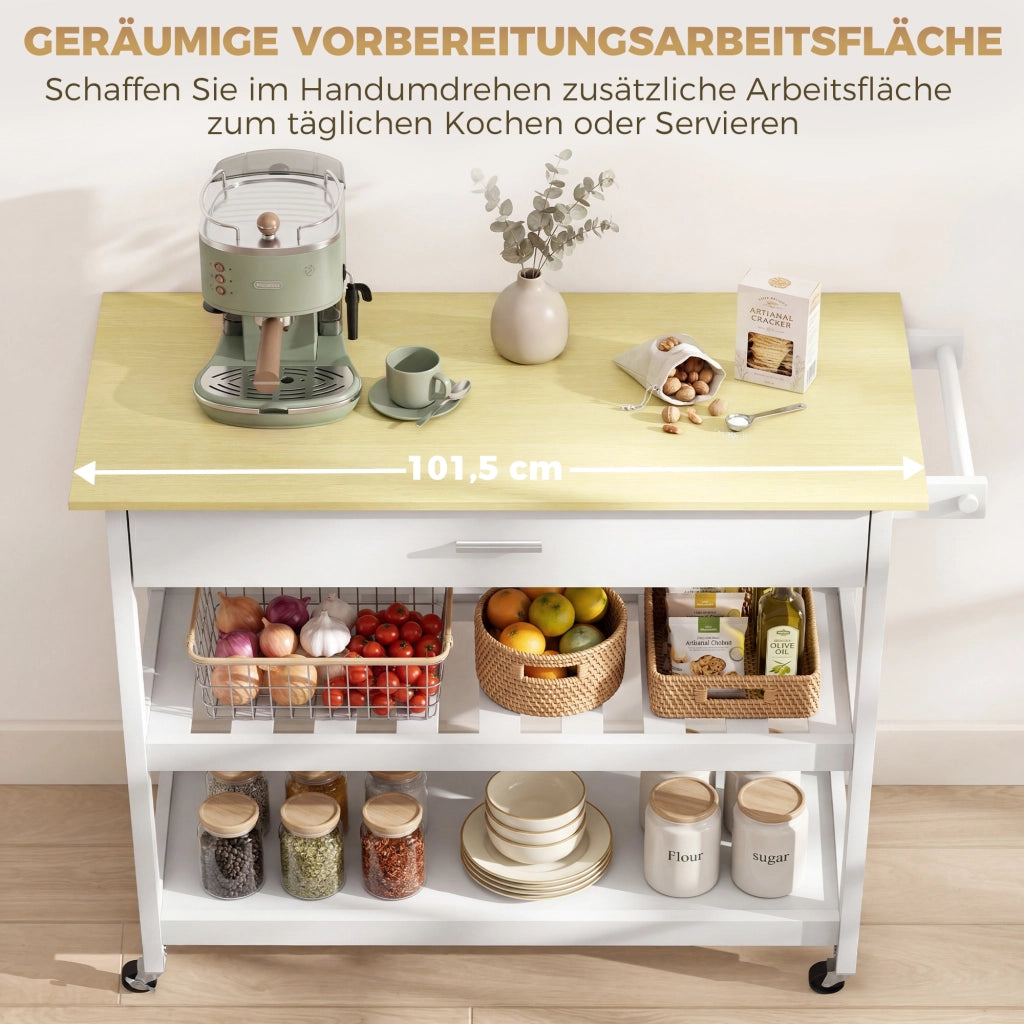 Carrello da Cucina con Cassetto e Ripiani Aperti ¨C Xylo ¨C Bianco con Portasciugamani
