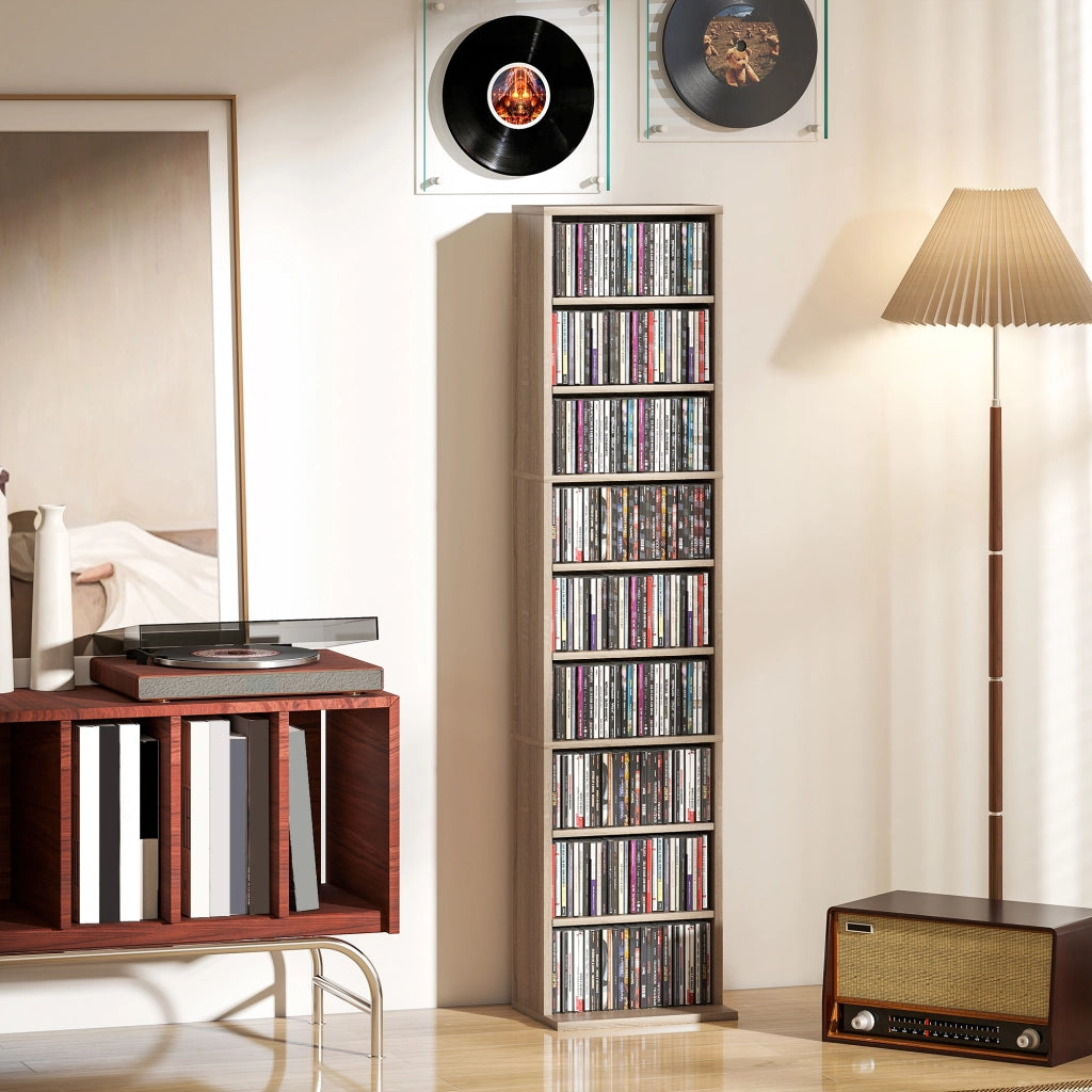 Libreria per CD e DVD ¨C zephmum ¨C 9 compartimenti, 6 ripiani regolabili, 33x24x140 cm, legno naturale