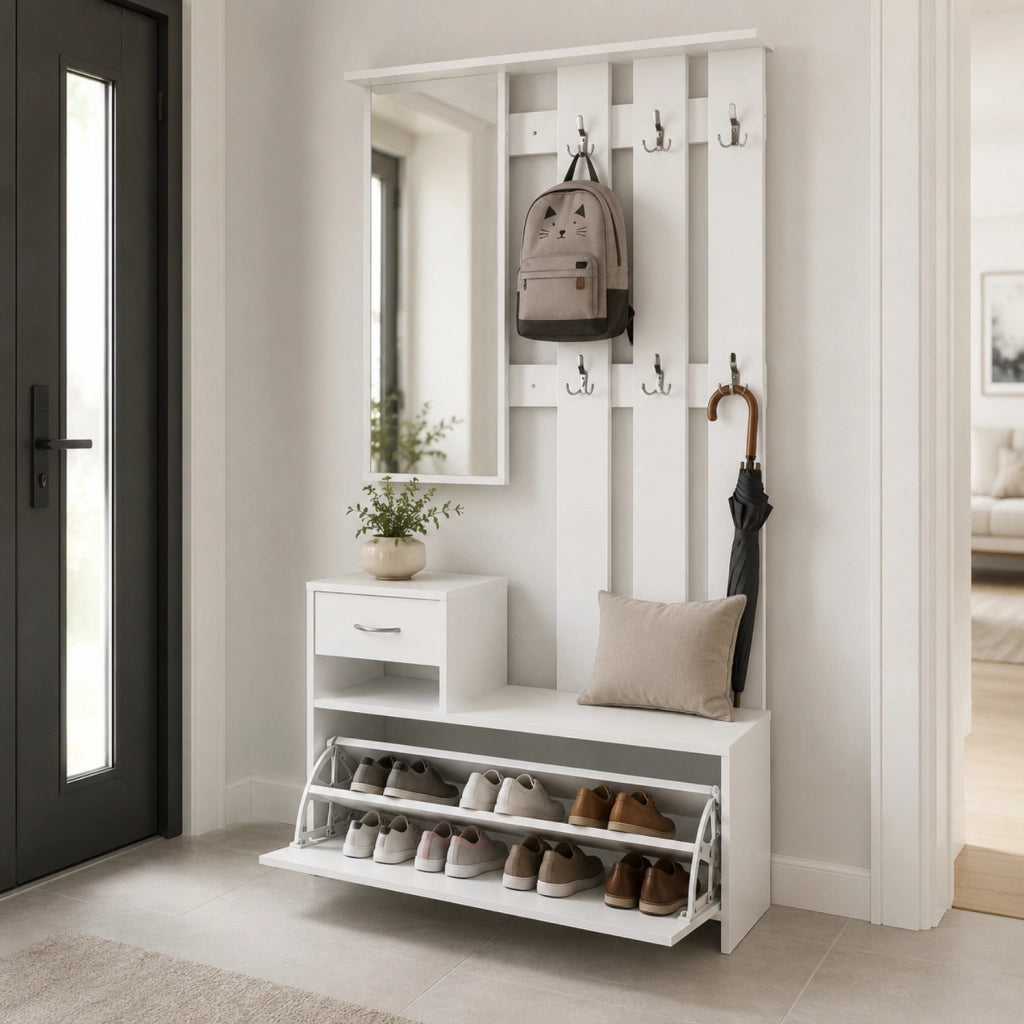 Mobile Ingresso Attaccapanni Con Scarpiera E Specchio Salvaspazio Per Entratina 97 x 35 x 25 cm Bianco