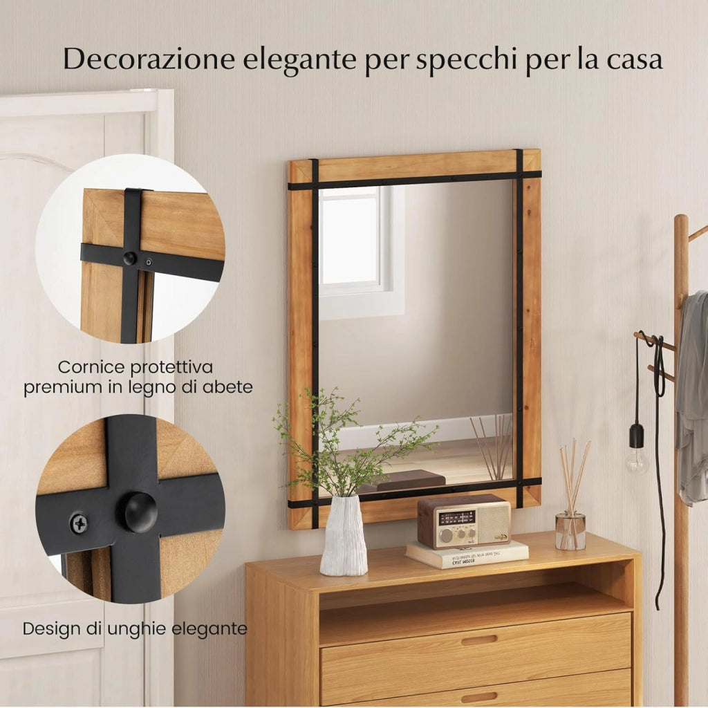 Specchio da Parete 77 x 100 CM, Specchio Rettangolare con Cornice in Legno di Abete, Specchio da Parete per Bagno Ingresso e Camera da Letto