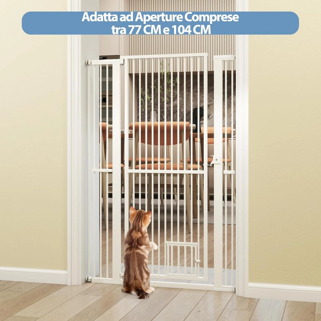 Porta per Animali Domestici Extra Alta, Cancello per Gatti in Metallo Pesante con Apertura da 77-104 cm, 2 Kit di Estensione, Porta Facilmente Percorribile (77-104 cm x 150 cm)