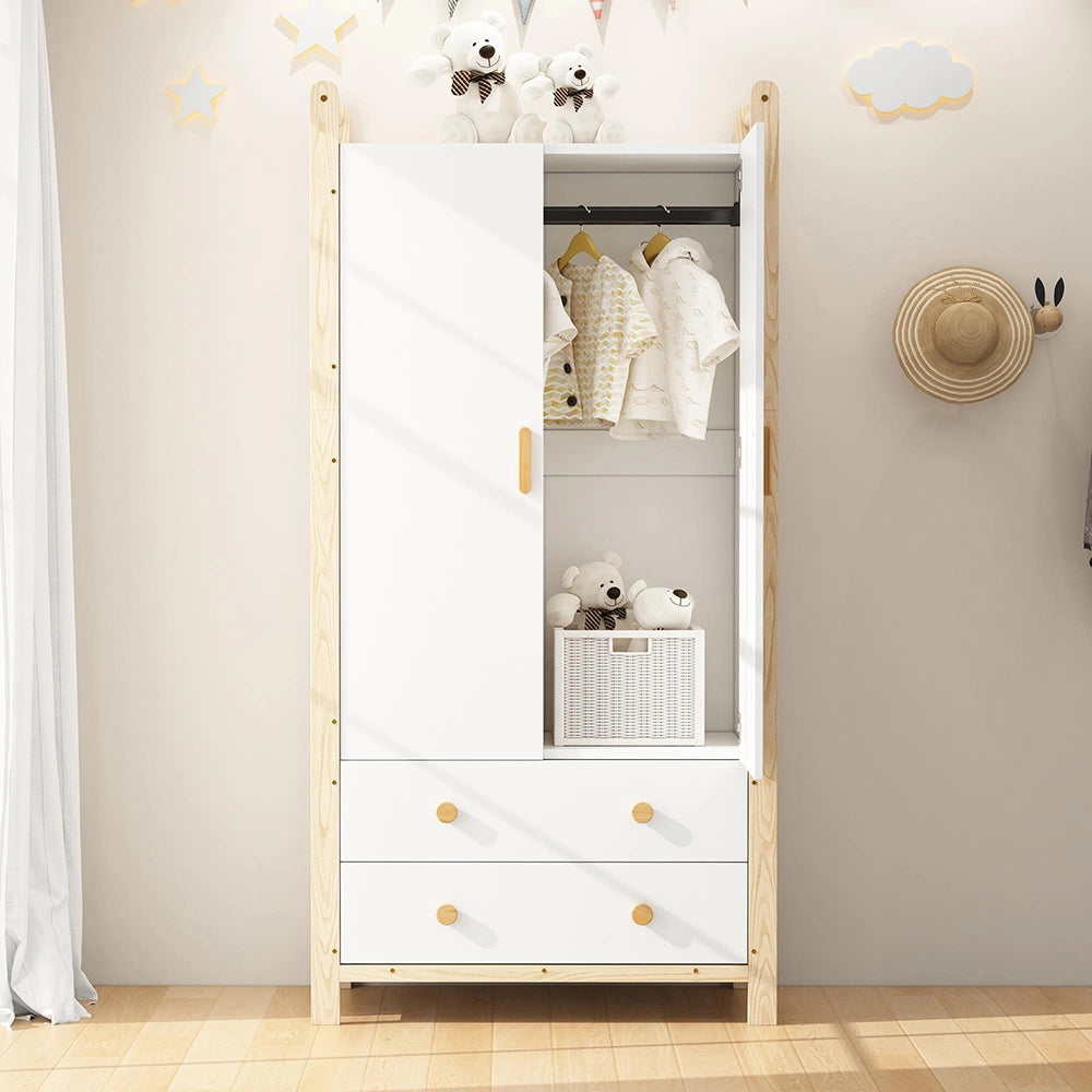 Armadio 2 ante 90x45x180 cm - Xylo - con appendiabiti, 2 cassetti, bianco e telaio pino, per camera