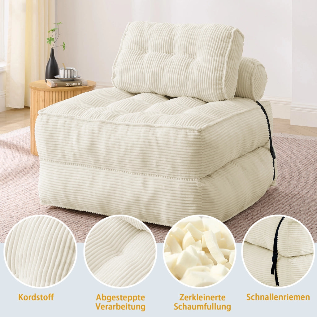 Poltrona Letto Pieghevole 2 in 1 in Tessuto a Coste ¨C MINIMAL ¨C Beige, Schienale Regolabile