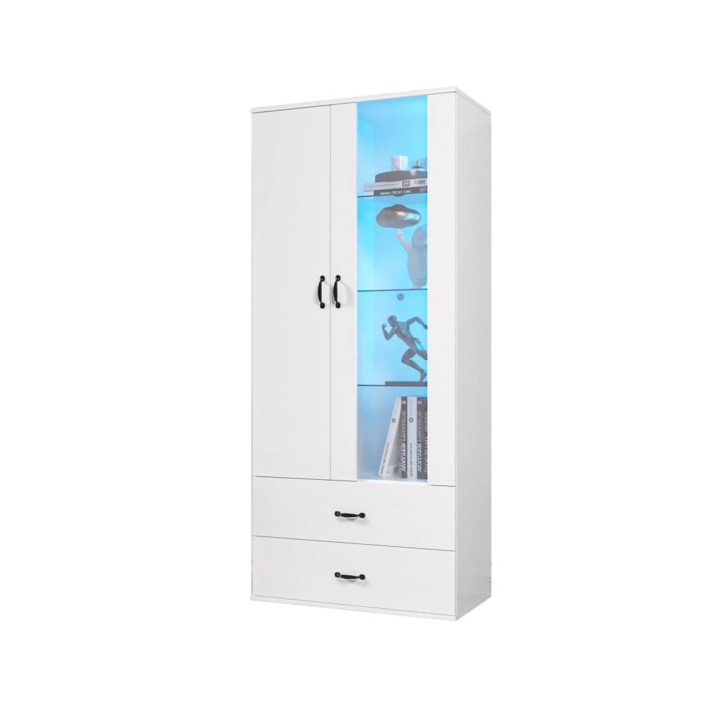 Vetrina LED bianca con 2 ante e 2 cassetti, mobile espositore da terra in truciolare 59,5x35x182 cm