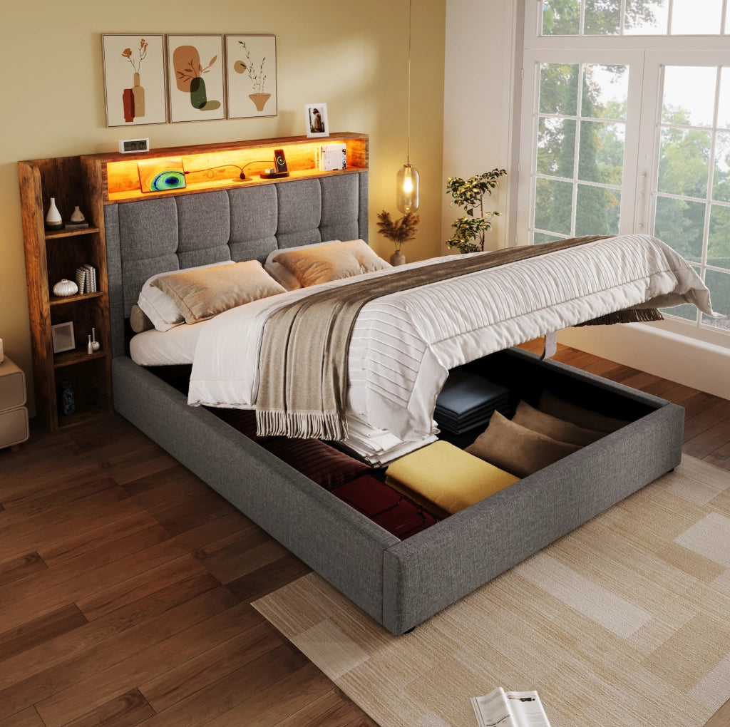 Letto imbottito 90x200 cm con USB; LED e contenitore in lino e MDF grigio