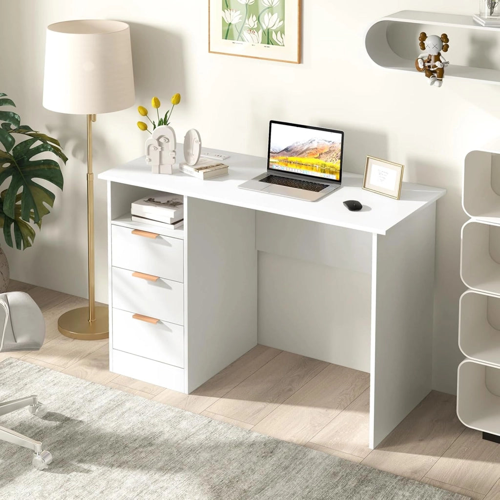 Scrivania per Casa con Presa Elettrica, Scrivania da 105 CM con 3 Cassetti e Scomparto Aperto, Postazione di Lavoro Moderna per Computer con Porte USB e Tipo-C, per Studio o Camera da Letto