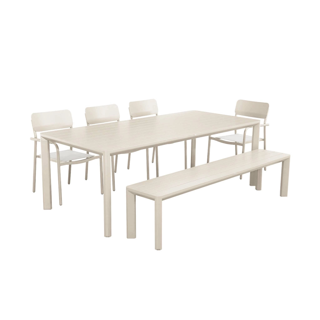 Set tavolo da giardino in alluminio con 1 panchina e 4 sedie, beige
