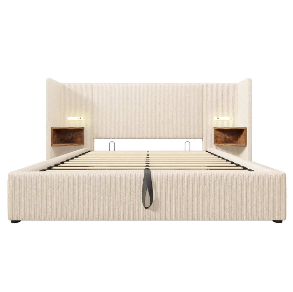 Letto matrimoniale contenitore 160x200 cm con testiera; luce LED; USB e Type-C; beige-bianco in tessuto a coste con materasso