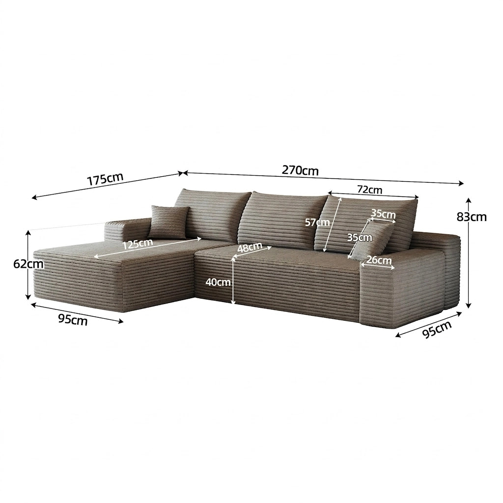 Divano angolare modulare 270 cm a L con chaise longue; 3 posti color cammello; velluto a coste