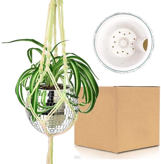 Discobolo in sospensione da 15 cm, portabacchi a macramé a forma di discobolo, vaso autosigillante con corda di cotone, vaso a specchio argentato a forma di discobolo, decorazione discomuro moderna per soffitti e balconi