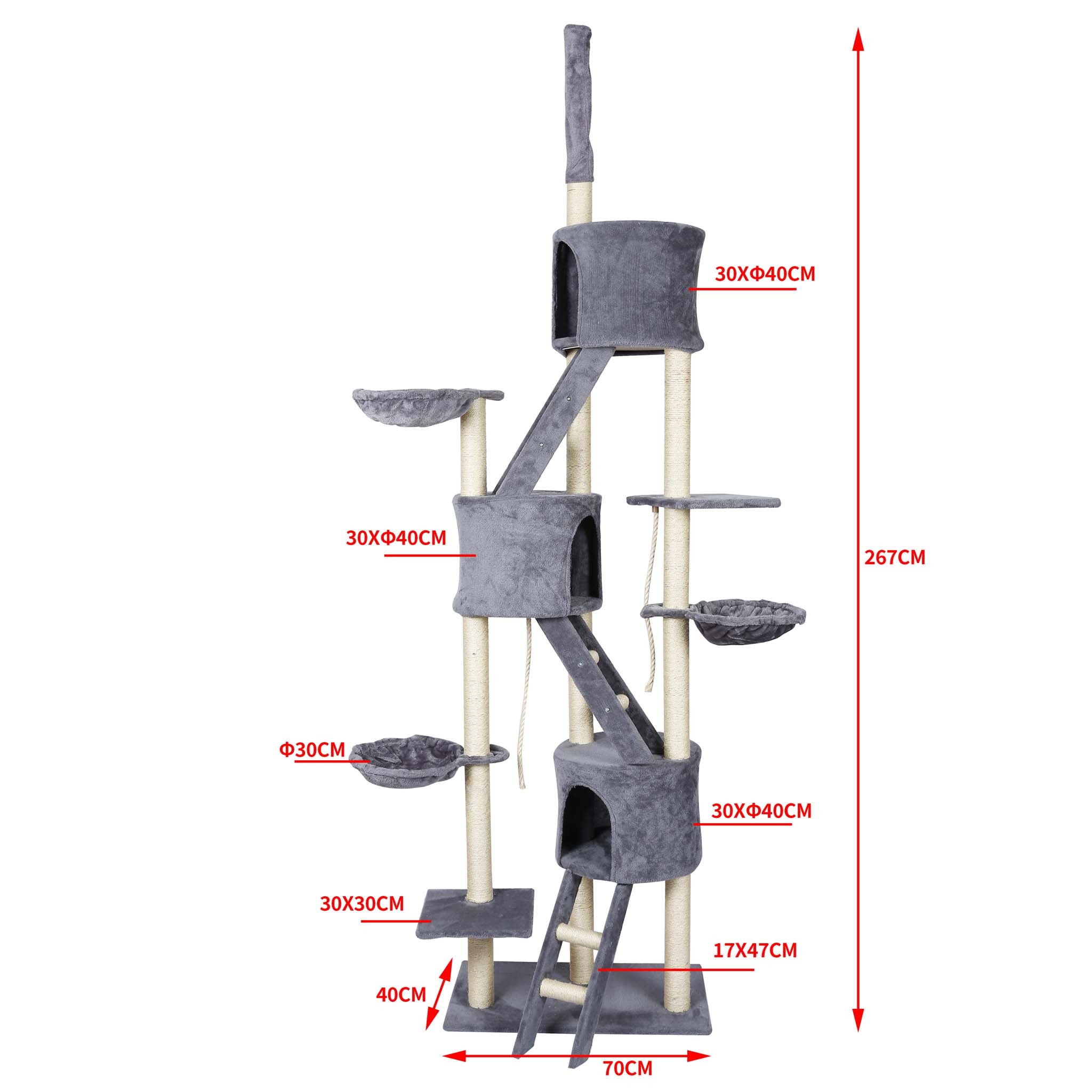 Albero tiragraffi grigio chiaro al soffitto con sisal 233-270 cm con amaca e casette per gatti