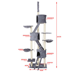 Albero tiragraffi grigio chiaro al soffitto con sisal 233-270 cm con amaca e casette per gatti