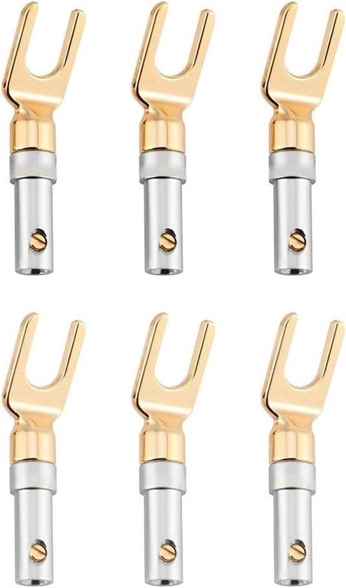 6 pezzi Connector a 45 Gradi in rame per cavo di altoparlante DIY cavo di altoparlante connettore a forcella 

(se non presente il modello o codice del prodotto, non sono stato in grado di riconoscerlo, se presente, potrei aggiungerlo)