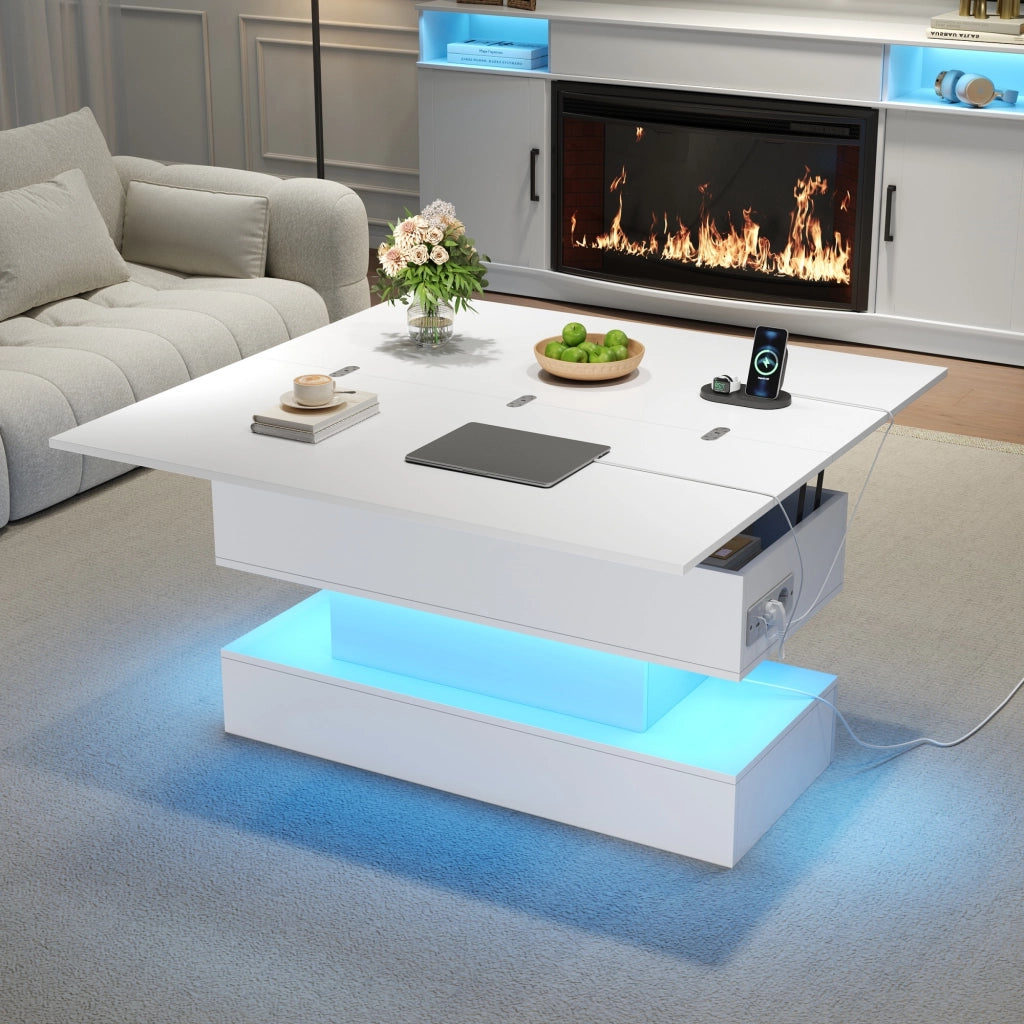 Tavolino basso sollevabile con LED e presa, vano contenitore, per soggiorno, bianco, 100 × 50 × 51,5 cm