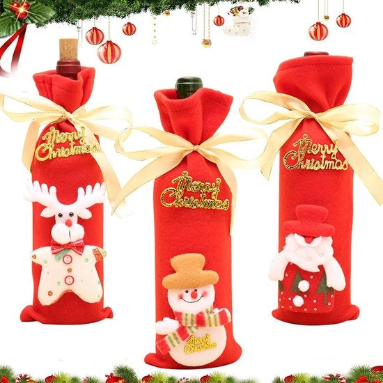 Sacchetto per bottiglia di vino natalizio 3 pezzi - Copertura per bottiglia di vino natalizio - Sacchetti regalo - Decorazioni da tavola - Kerstman/Sneeuwman/Elefante - Ripiegabile - Calze per bottiglia di vino