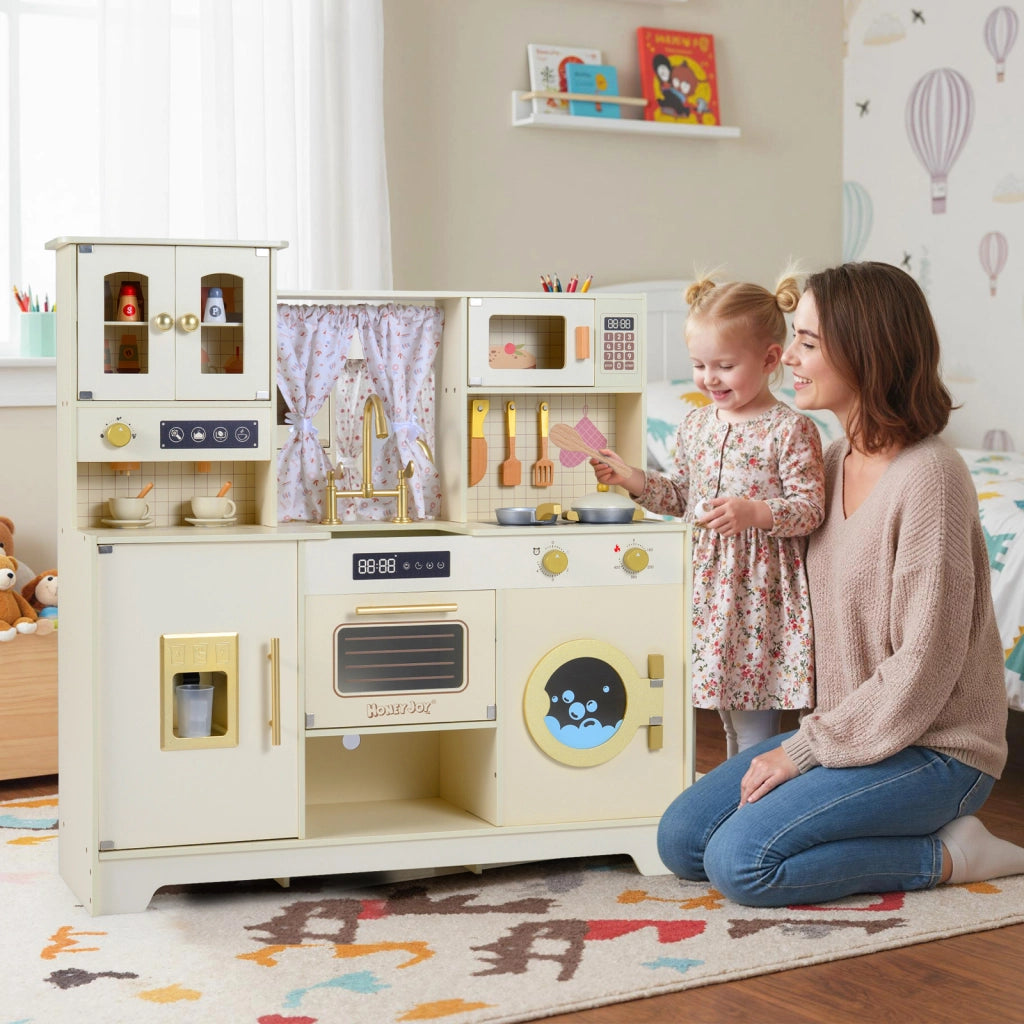 Cucina giocattolo bambini legno 3+ anni fornelli rubinetto lavello caffè ghiaccio-Set gioco microonde 14 accessori