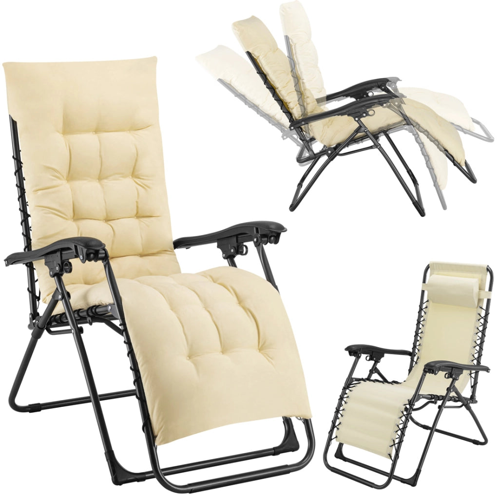 Poltrona da Giardino Pieghevole con Cuscino Imbottito e Struttura in Acciaio Beige