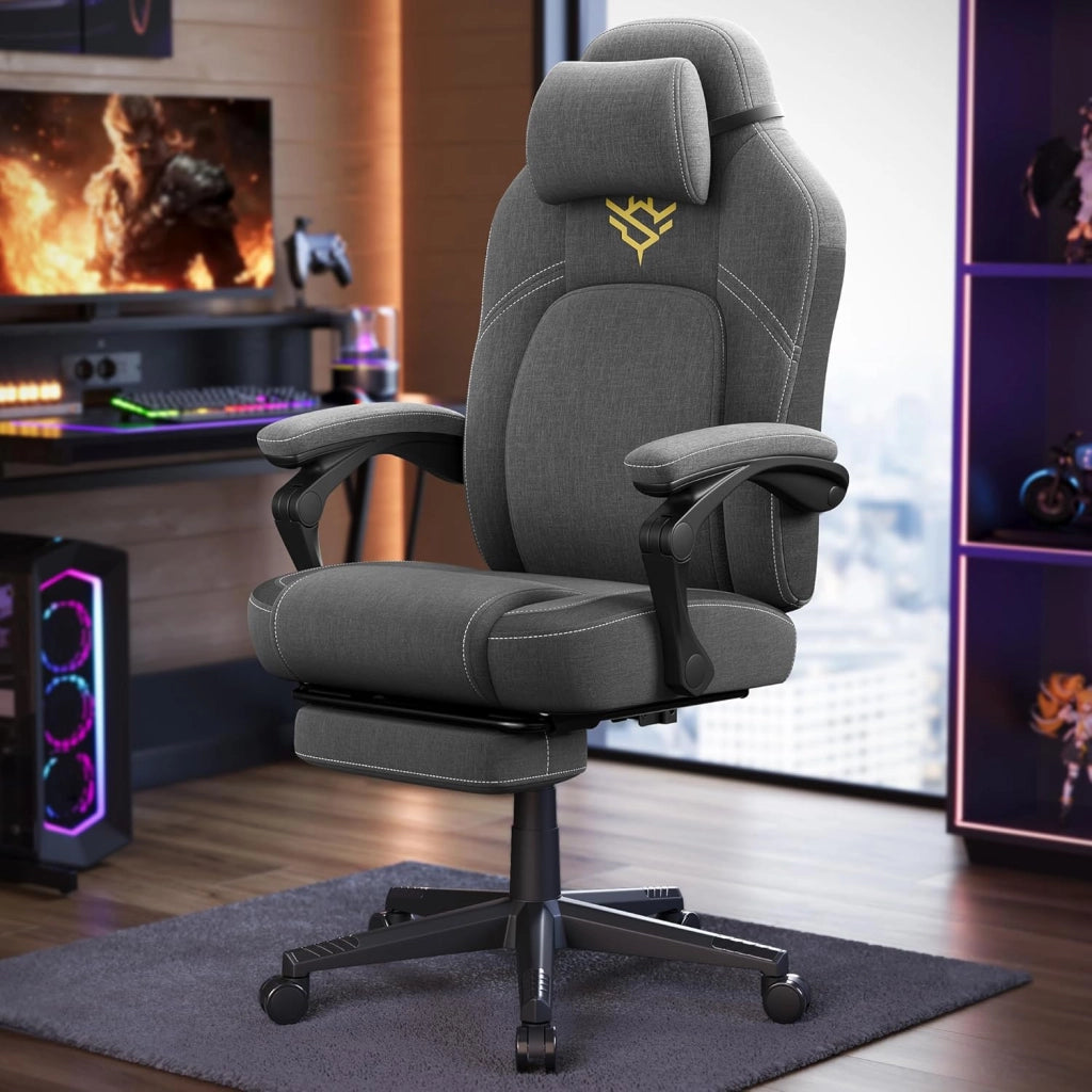 Sedia da Gaming Ergonomica per Computer Con Poggiapiedi e Poggiatesta, Cotone-Lino, Altezza Regolabile, Grigio Tortora OBG072G01