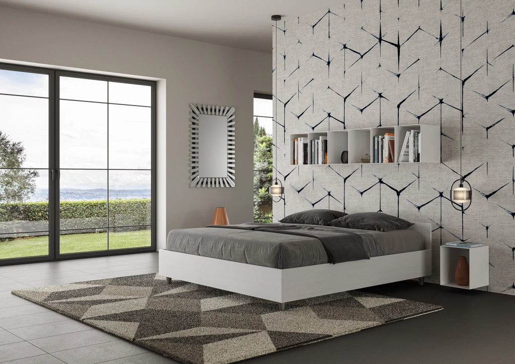 Letto Matrimoniale 160x190 cm con Rete e Contenitore Alzata Comoda Testata Bassa Nuamo Bianco Frassino