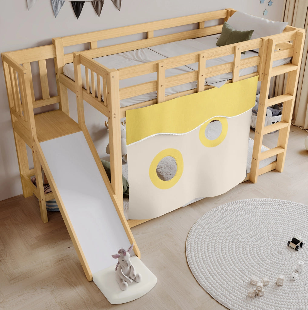 Letto a castello 90x200 cm con scivolo; tenda e scala in MDF e pino naturale