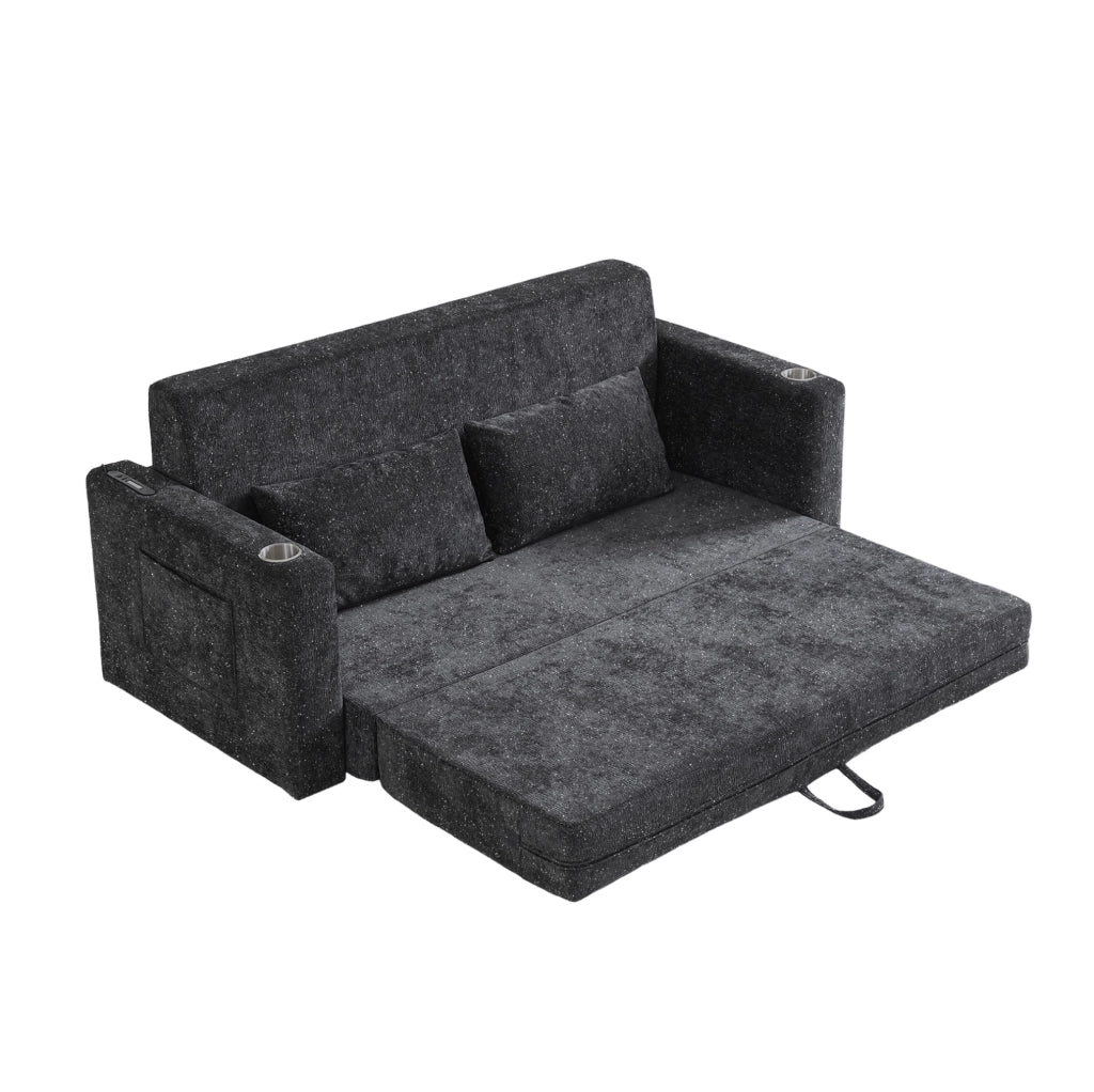 Divano letto 2 posti 153x77x65 cm in ciniglia grigio nero con USB e 2 cuscini