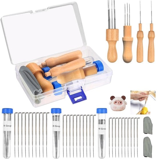 Set di Aghi per Vilten da 41 Pezzi - Aghi per Vilten - Manico in Legno - Pile di Velluto - Adatto per Principianti/Professionisti - Ideale per Creazioni - Set di Aghi e Velluto per Vilten