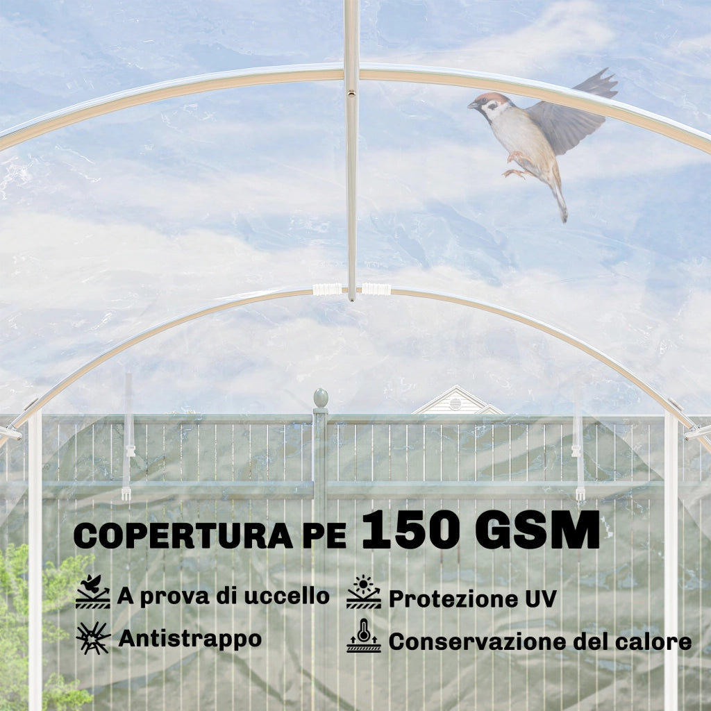 Serra a Tunnel 3x6x2 m con Porte Avvolgibili, Telaio in Acciaio e Copertura in PE Anti-UV, Trasparente