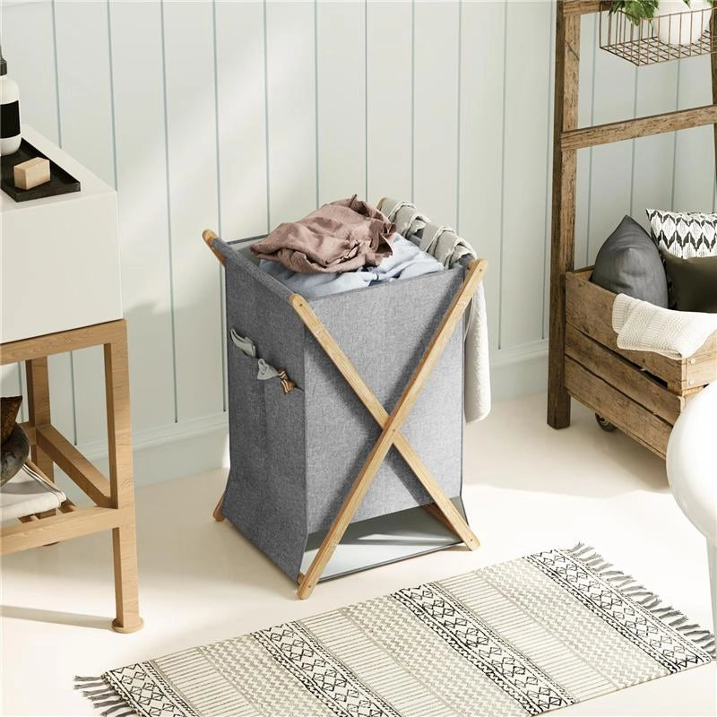 CESTO PORTABIANCHERIA PIEGHEVOLE 55L IN TESSUTO E TELAIO 41X41X64 CM IN BAMBÙ LEGNO E GRIGIO