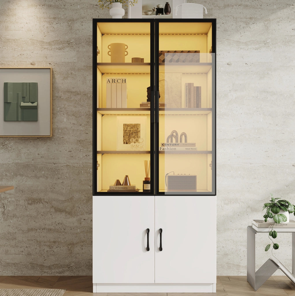 Vetrina combinata 120x40x160 cm con LED multicolore e 2 ante; bianca