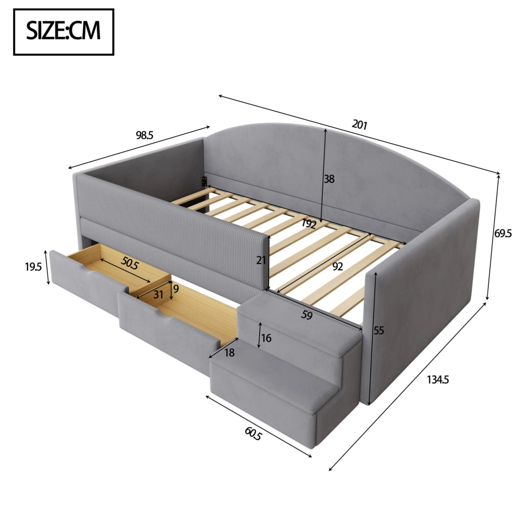Letto imbottito con cassetti e gradini 90 x 190 cm grigio acqua