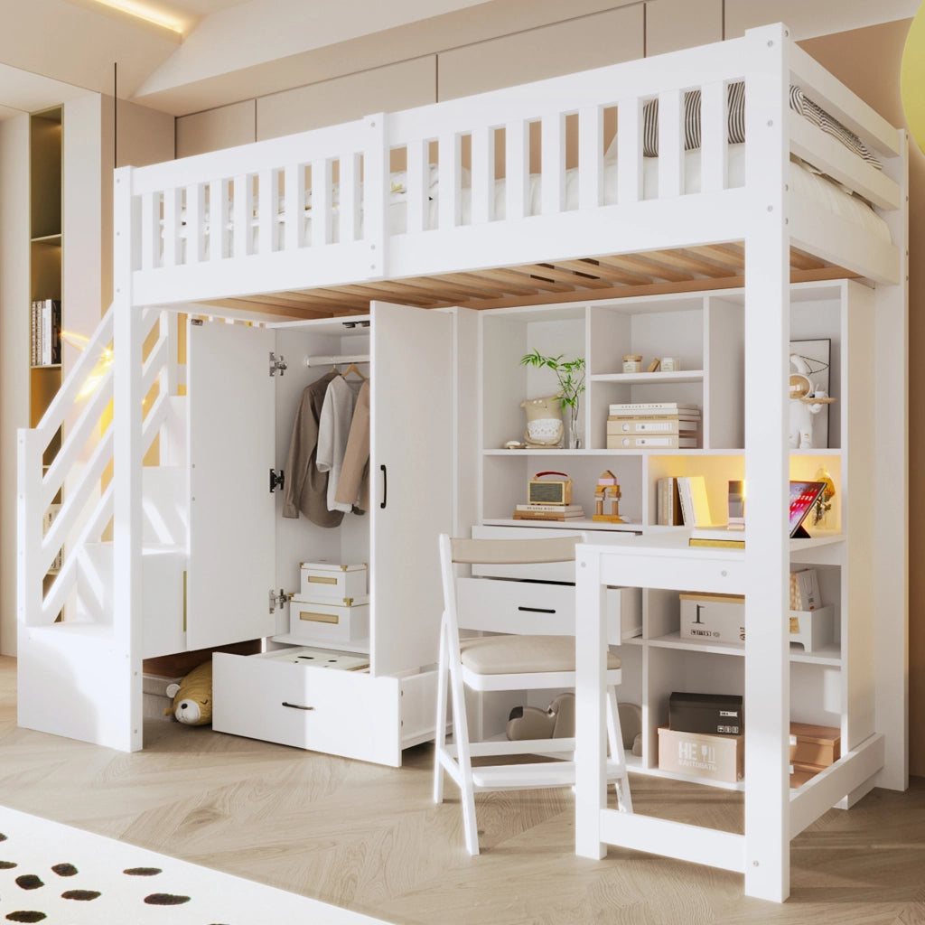 Letto a soppalco con scala contenitore, armadio e scrivania, 90x200 cm, bianco