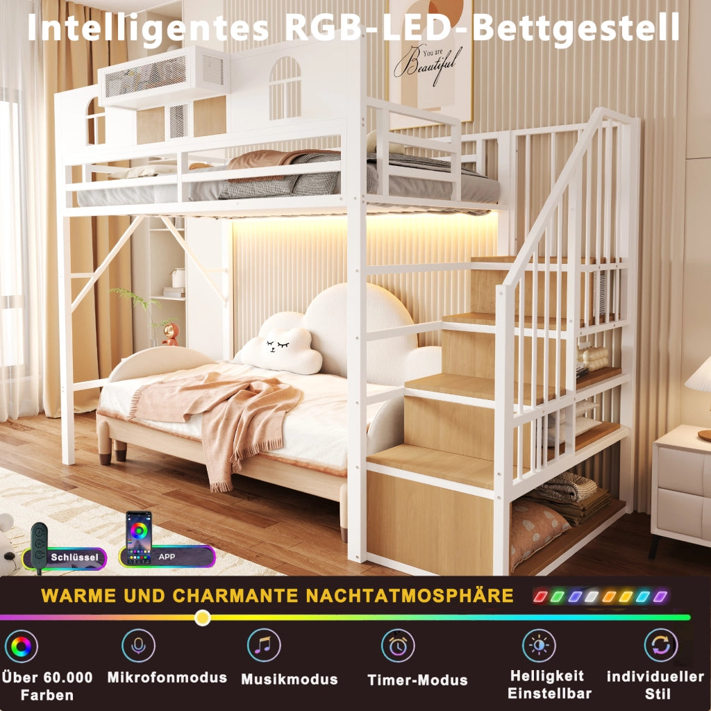 Letto a soppalco 90x200 cm con scala contenitore; finestra decorativa; mensola e LED; struttura in metallo bianco e legno