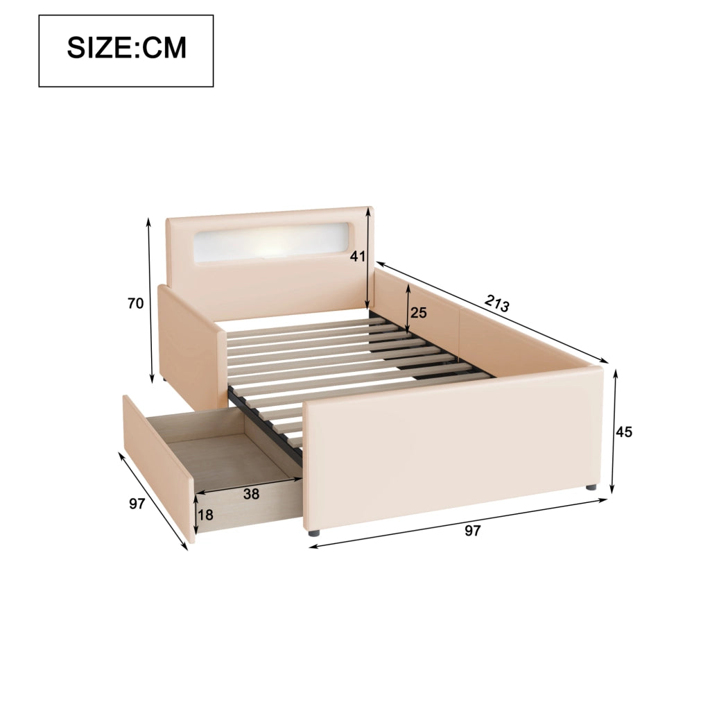 Letto imbottito per bambini 90x200 cm con luce notturna, USB e cassetti