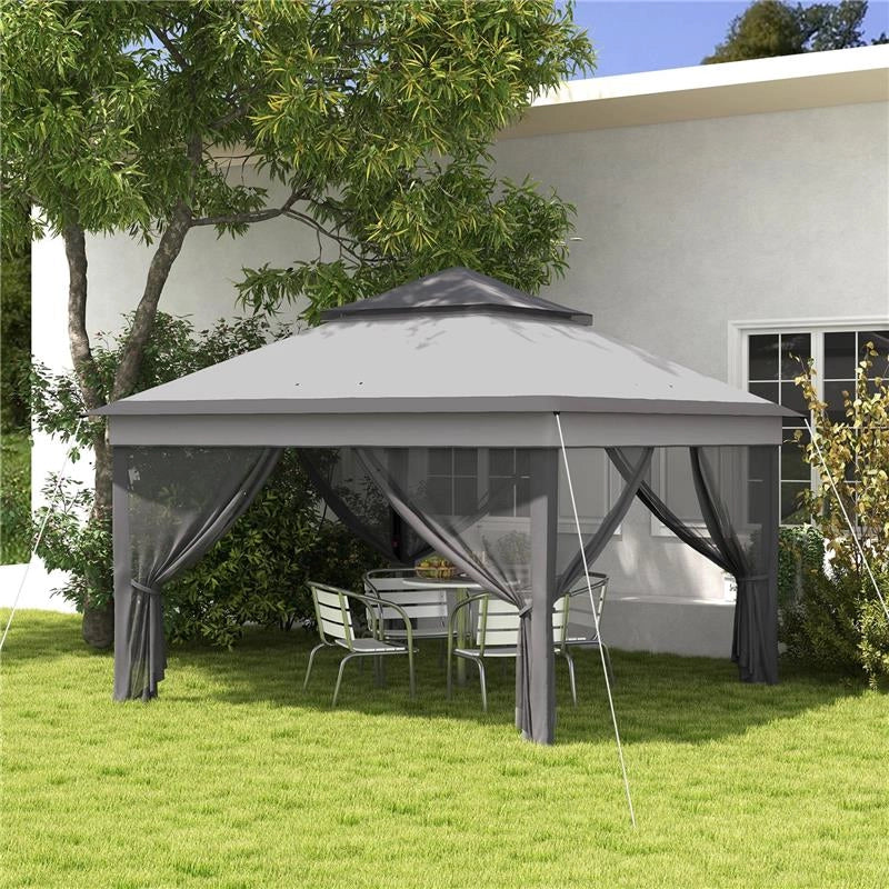 GAZEBO CON ZANZARIERE REGOLABILE SU 3 LIVELLI IN ACCIAIO E TESSUTO OXFORD 326X326X272 CM GRIGIO CHIARO E SCURO
